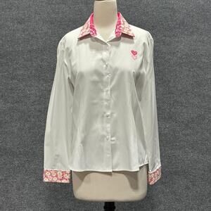 ROMI BASHA Shirt Womens Medium White Heart Floral Trim Button Front Valentines